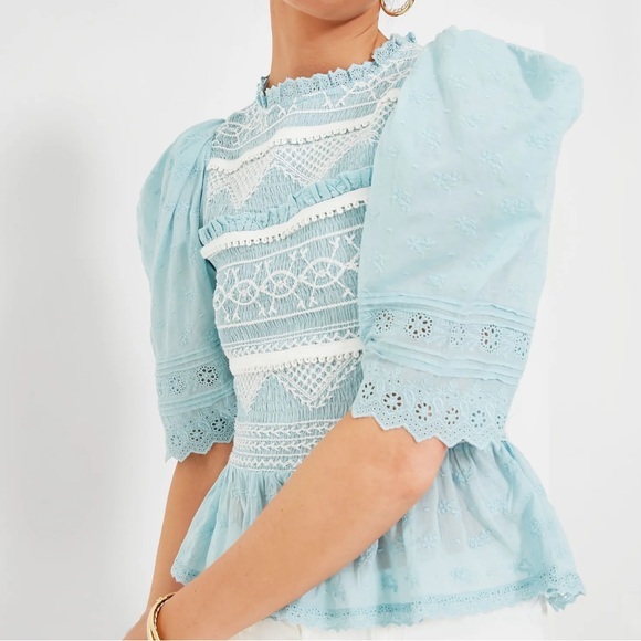 Sea New York Tops - SEA NEW YORK Blue Olga Hand Smocking Puff Sleeve Top